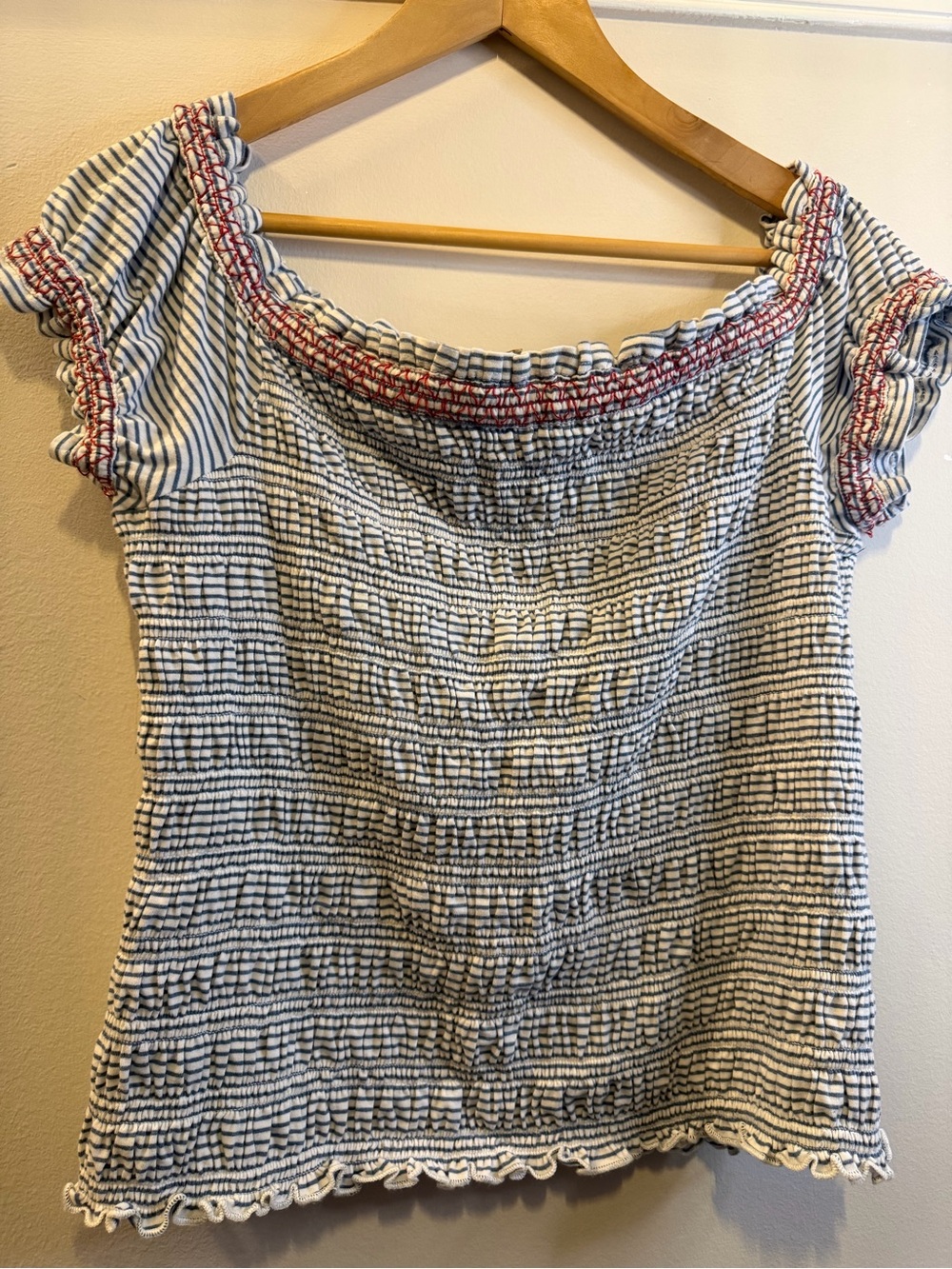 Maeve Anthropologie Navy & White Striped Smocked Off-Shoulder Top coastal